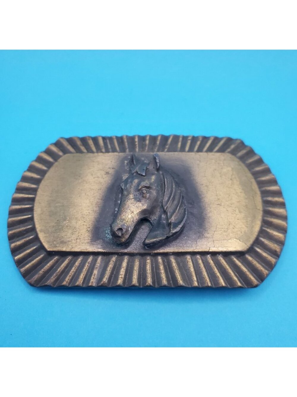 Vintage Brass Horse Head Belt Buckle With Etched Sunburst Design Approx. 3" x 2"